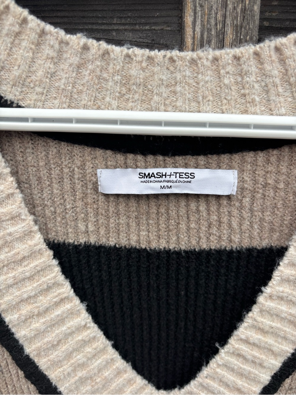 V-Neck Black and Beige Knit Sweater Dress - Picture 2 of 3